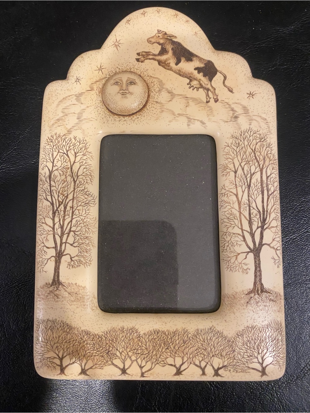 Over the Moon photo frame scrimshaw etching cow moon artist Rachel Badeau